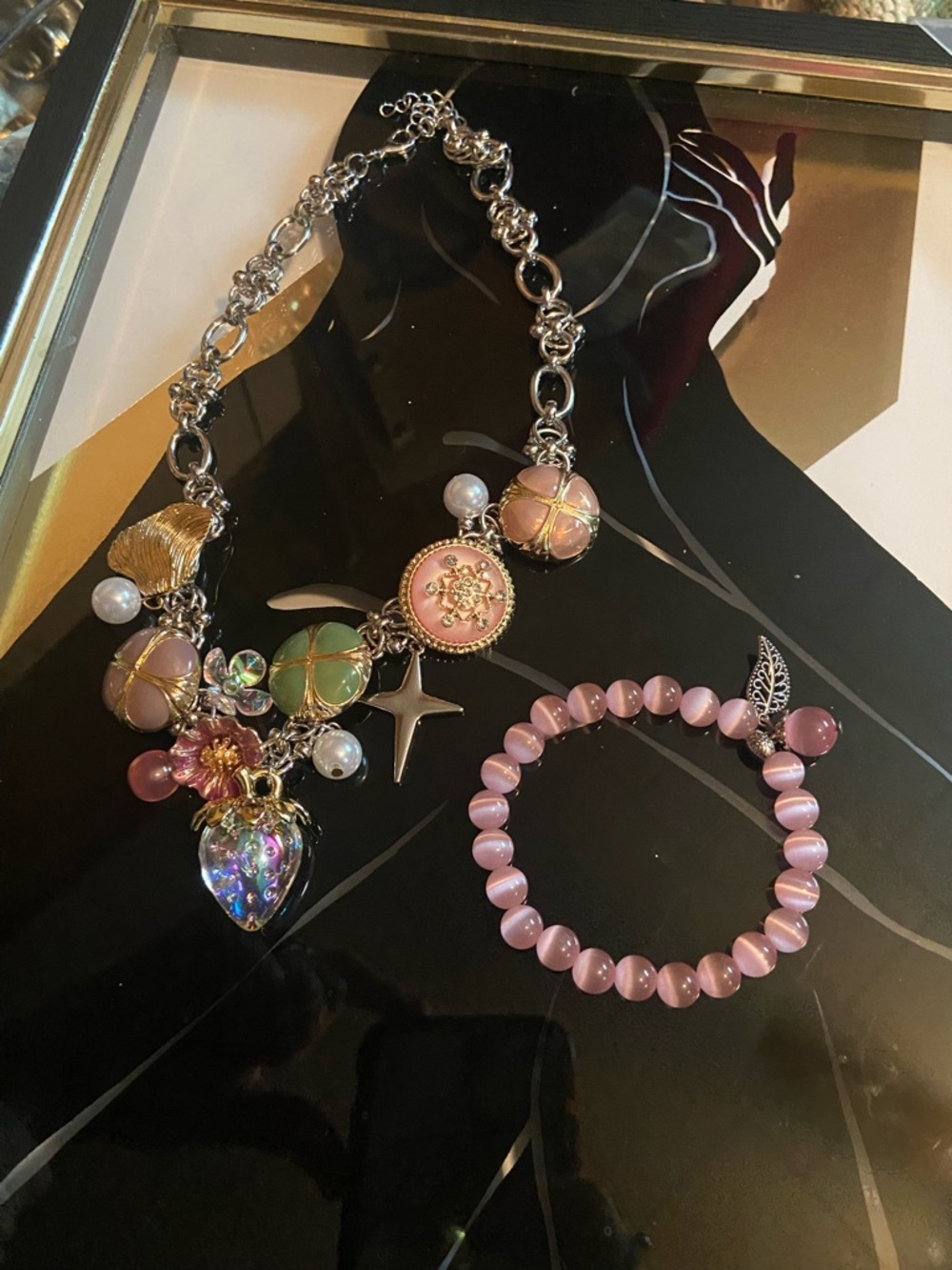 Pink Multi-Charm Women's Necklace and Cats Eye Bracelet Set - Picture 6 of 11